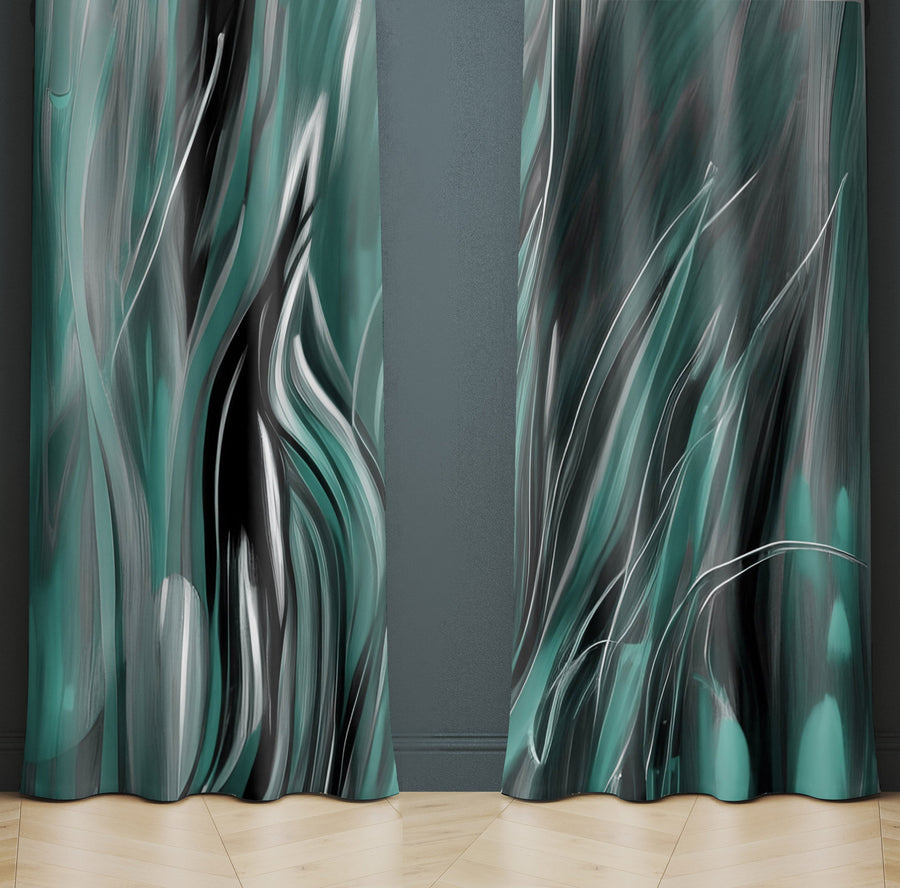 Abstract Window Curtain - Wavy Green Midnight Grass - Deja Blue Studios