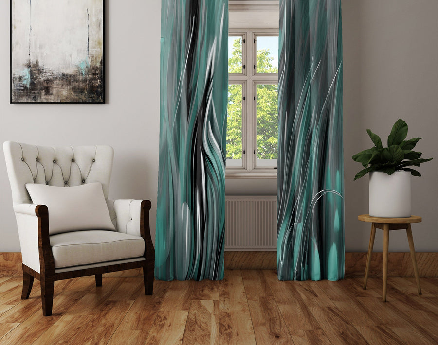 Abstract Window Curtain - Wavy Green Midnight Grass - Deja Blue Studios