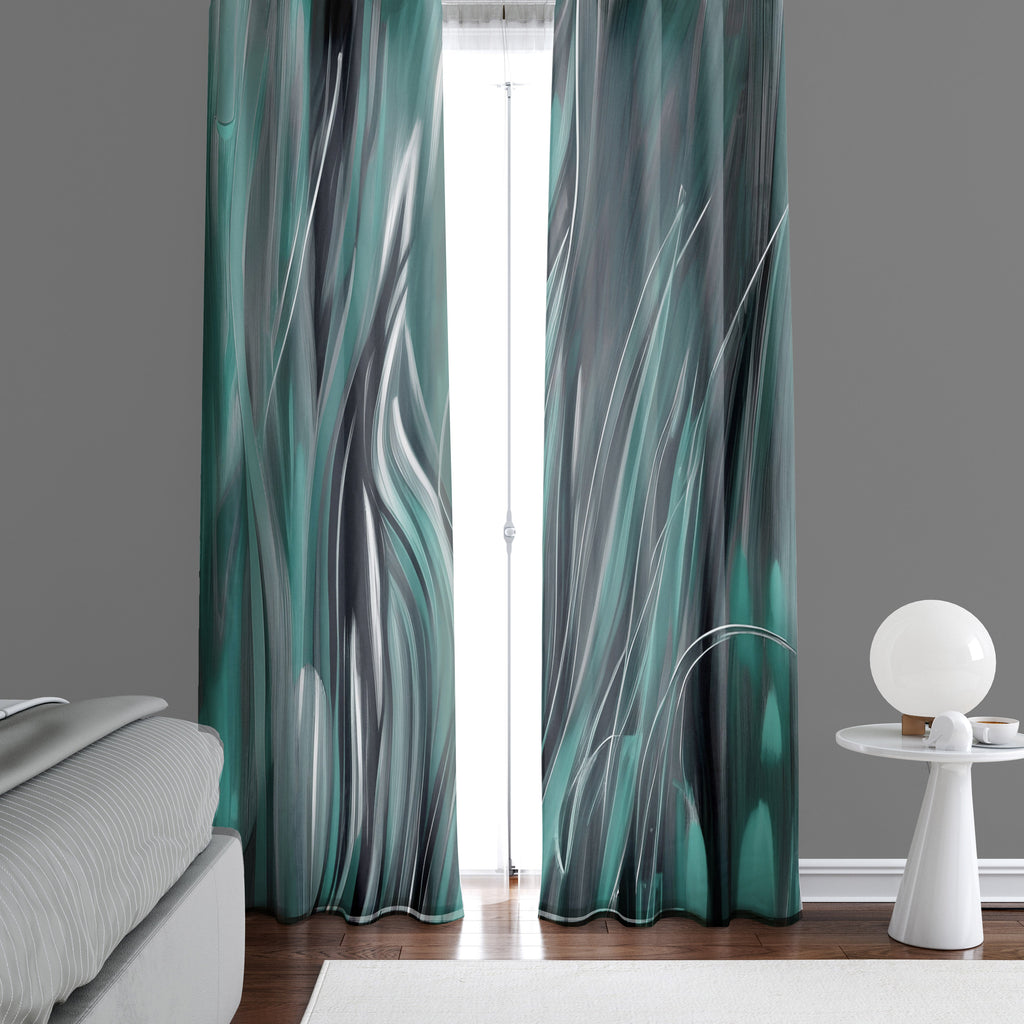 Abstract Window Curtain - Wavy Green Midnight Grass - Deja Blue Studios
