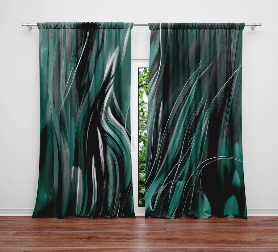 Abstract Window Curtain - Wavy Green Midnight Grass - Deja Blue Studios