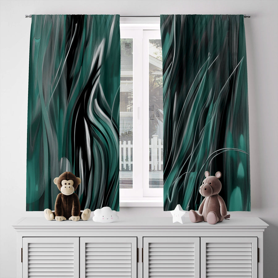 Abstract Window Curtain - Wavy Green Midnight Grass - Deja Blue Studios