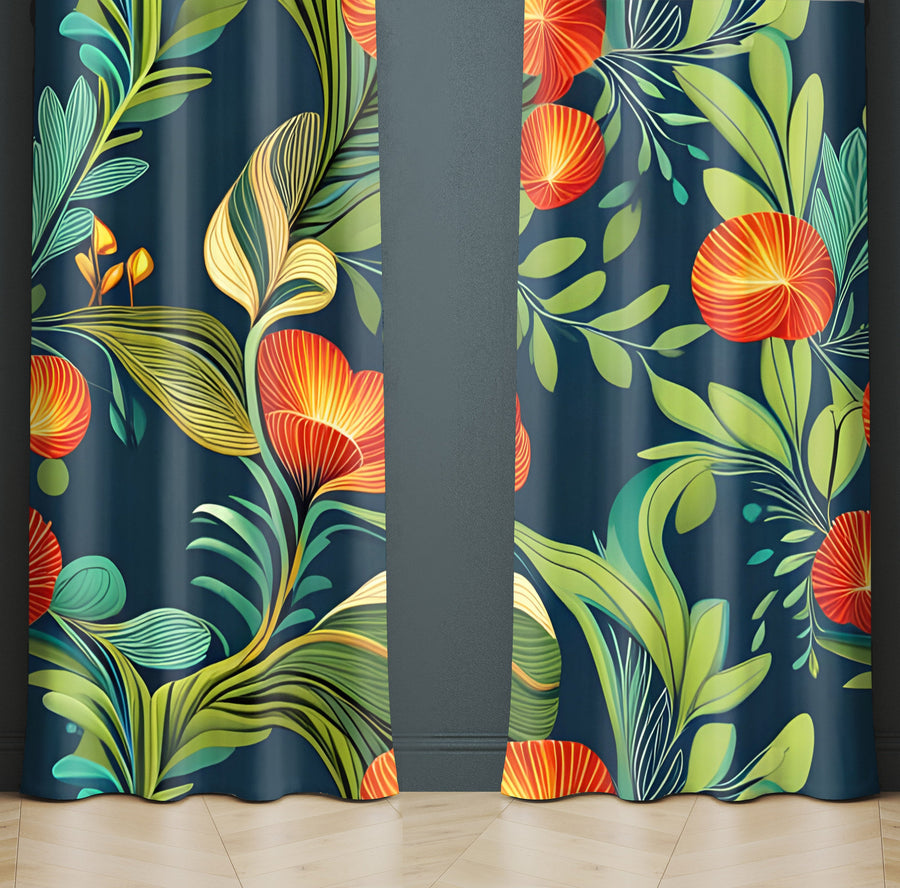 Floral Window Curtain - Funky Minimalist Orange and Green Poppies - Deja Blue Studios