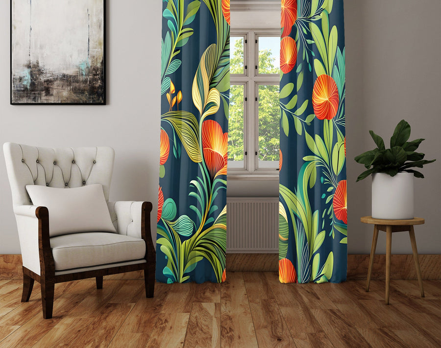 Floral Window Curtain - Funky Minimalist Orange and Green Poppies - Deja Blue Studios