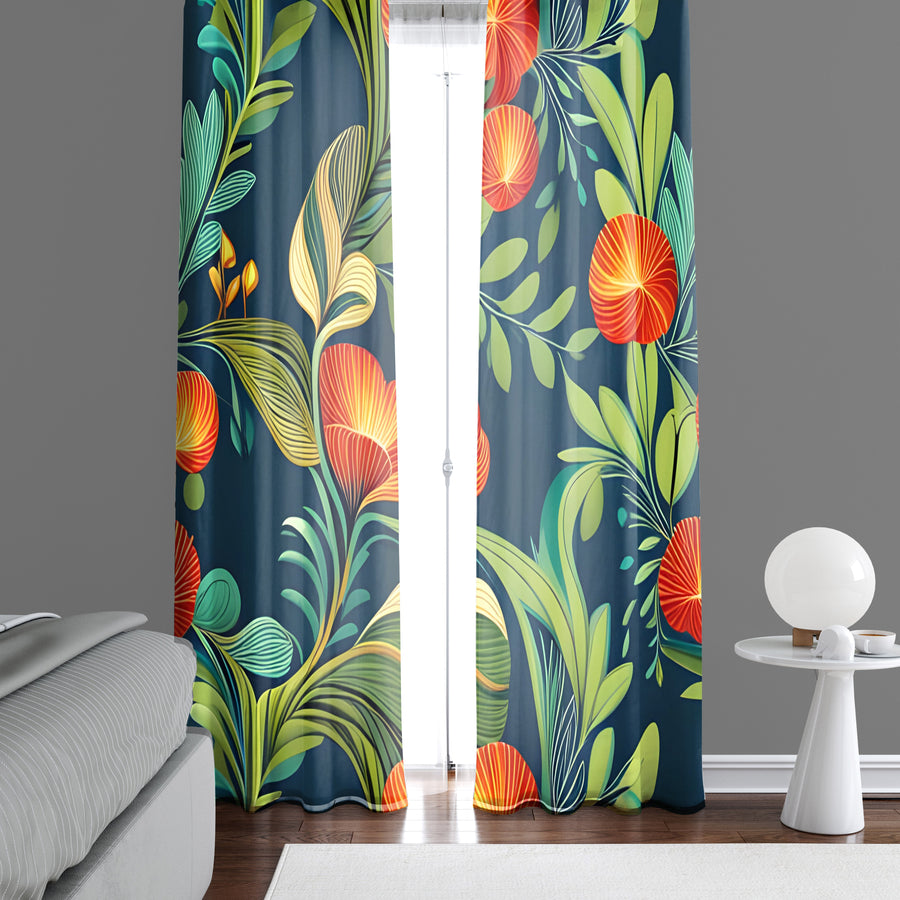 Floral Window Curtain - Funky Minimalist Orange and Green Poppies - Deja Blue Studios