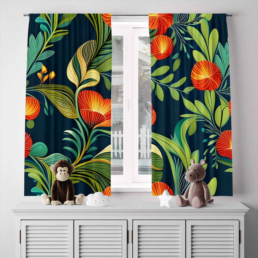 Floral Window Curtain - Funky Minimalist Orange and Green Poppies - Deja Blue Studios