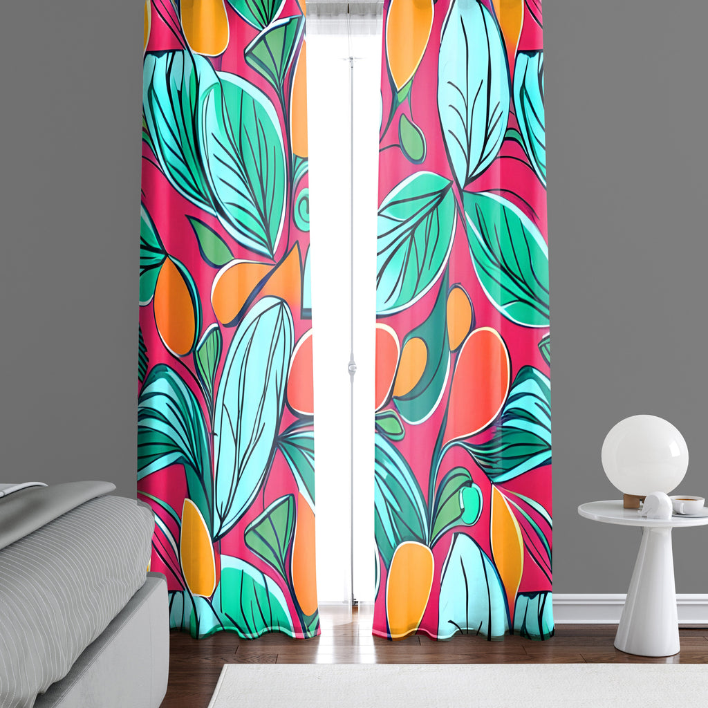 Floral Window Curtain - Bright Blue and Red Abstract Oranges - Deja Blue Studios