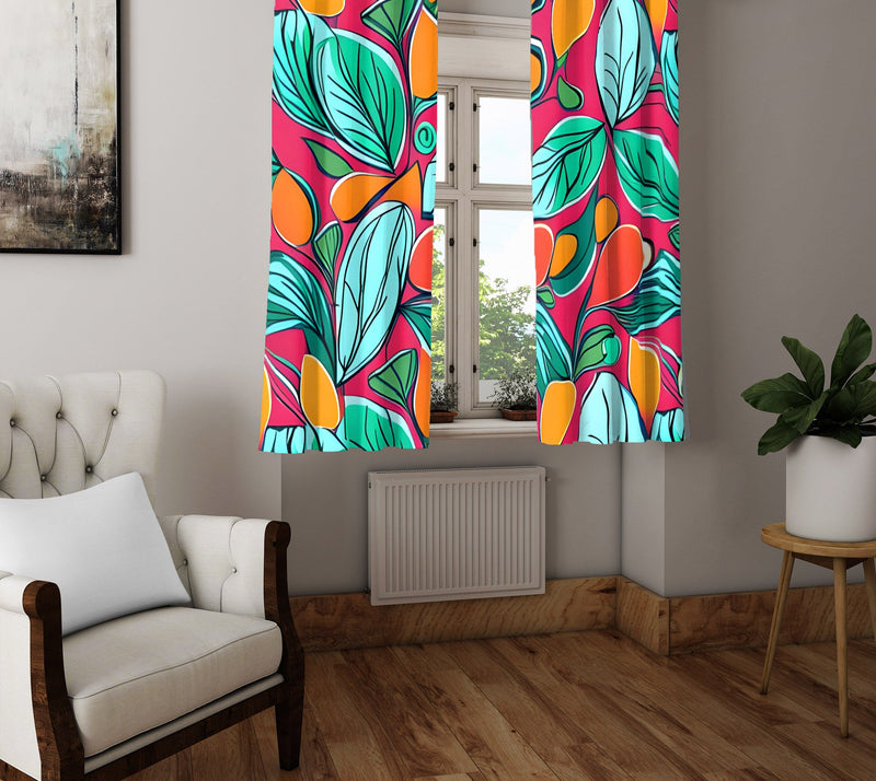 Floral Window Curtain - Bright Blue and Red Abstract Oranges - Deja Blue Studios
