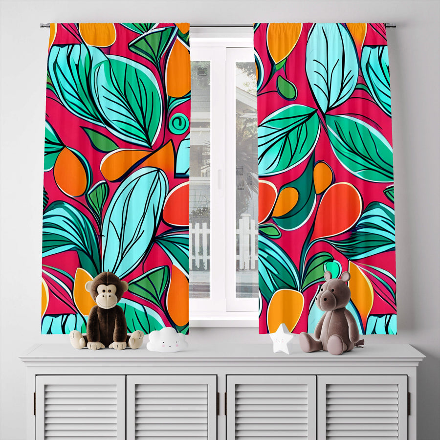 Floral Window Curtain - Bright Blue and Red Abstract Oranges - Deja Blue Studios