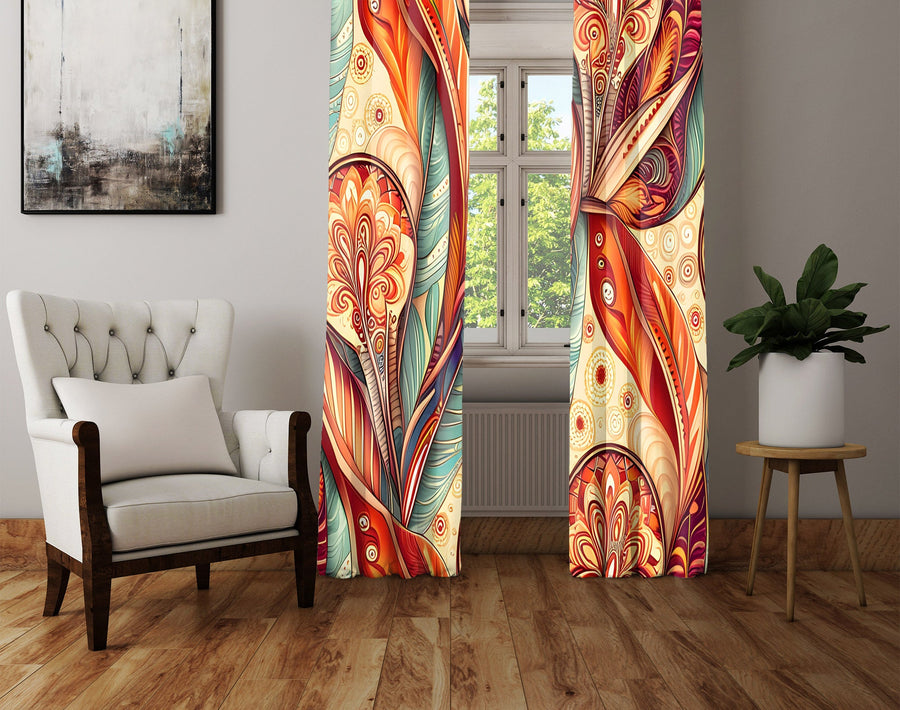 Paisley Window Curtain - Orange and Blue Abstract Paisley Print - Deja Blue Studios