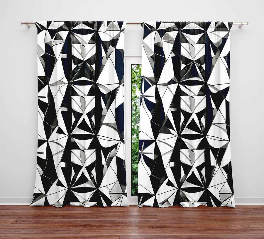 Abstract Window Curtain - Fractured Black and White Geometric Shapes - Deja Blue Studios