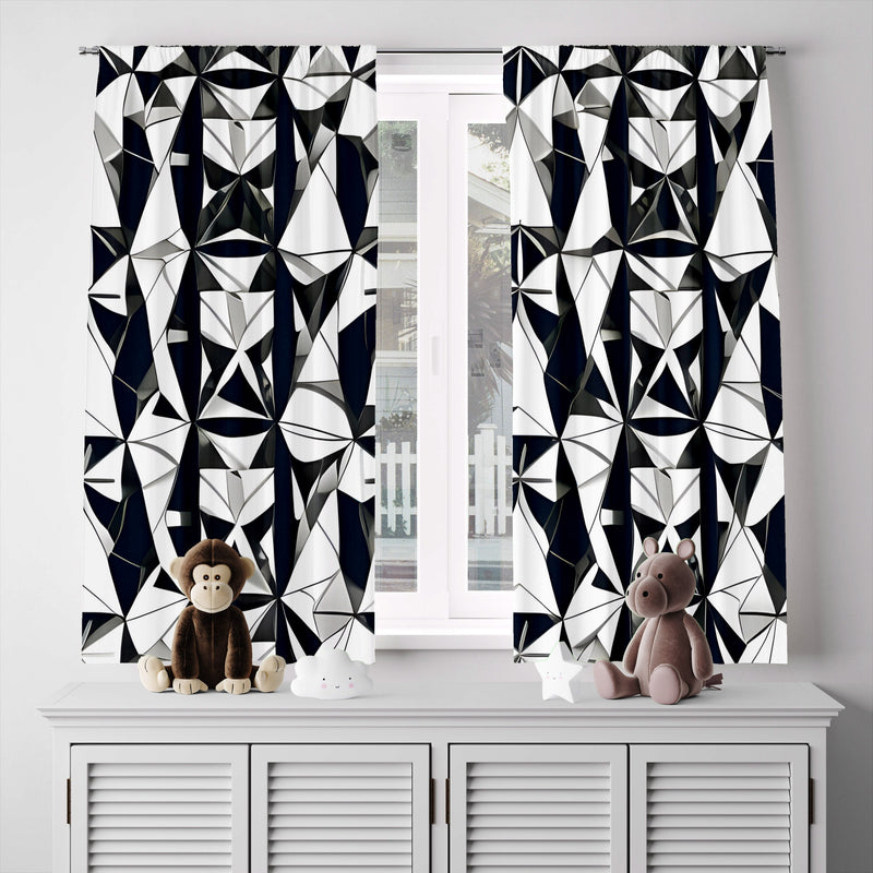 Abstract Window Curtain - Fractured Black and White Geometric Shapes - Deja Blue Studios