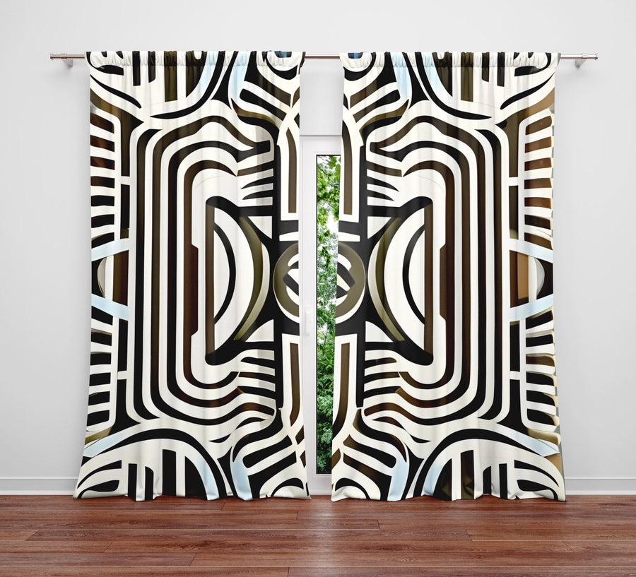 Geometric Window Curtain - Brown and Beige Art Deco Style Pattern - Deja Blue Studios