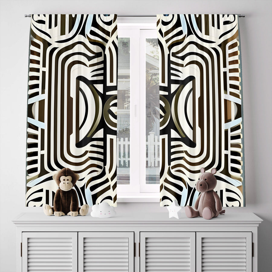 Geometric Window Curtain - Brown and Beige Art Deco Style Pattern - Deja Blue Studios