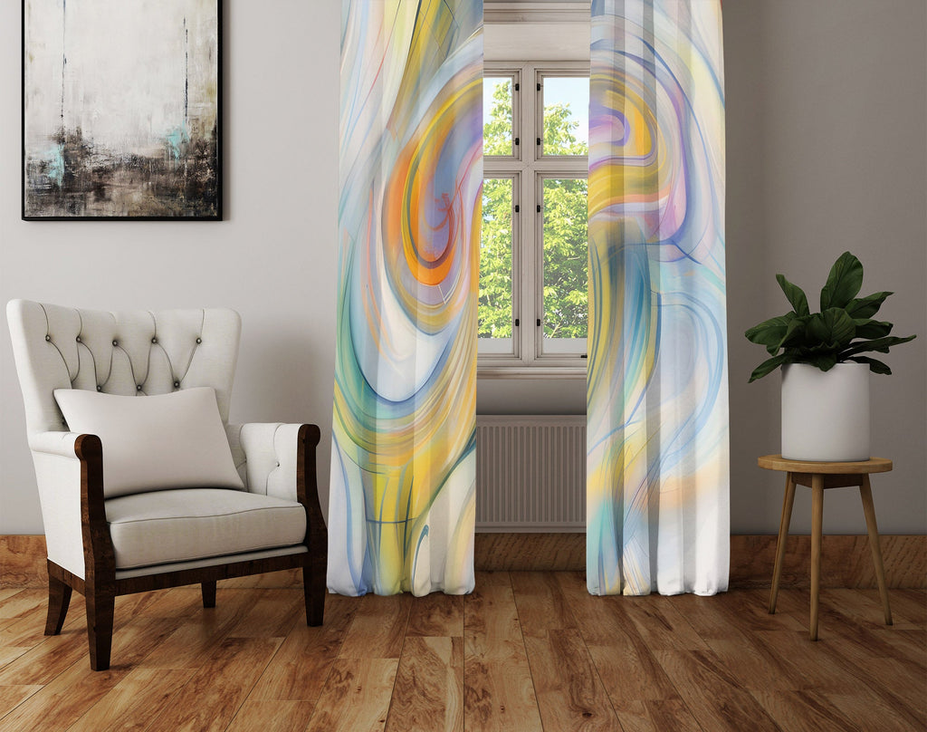 Abstract Window Curtain - Blue and Yellow Watercolor Swirls - Deja Blue Studios