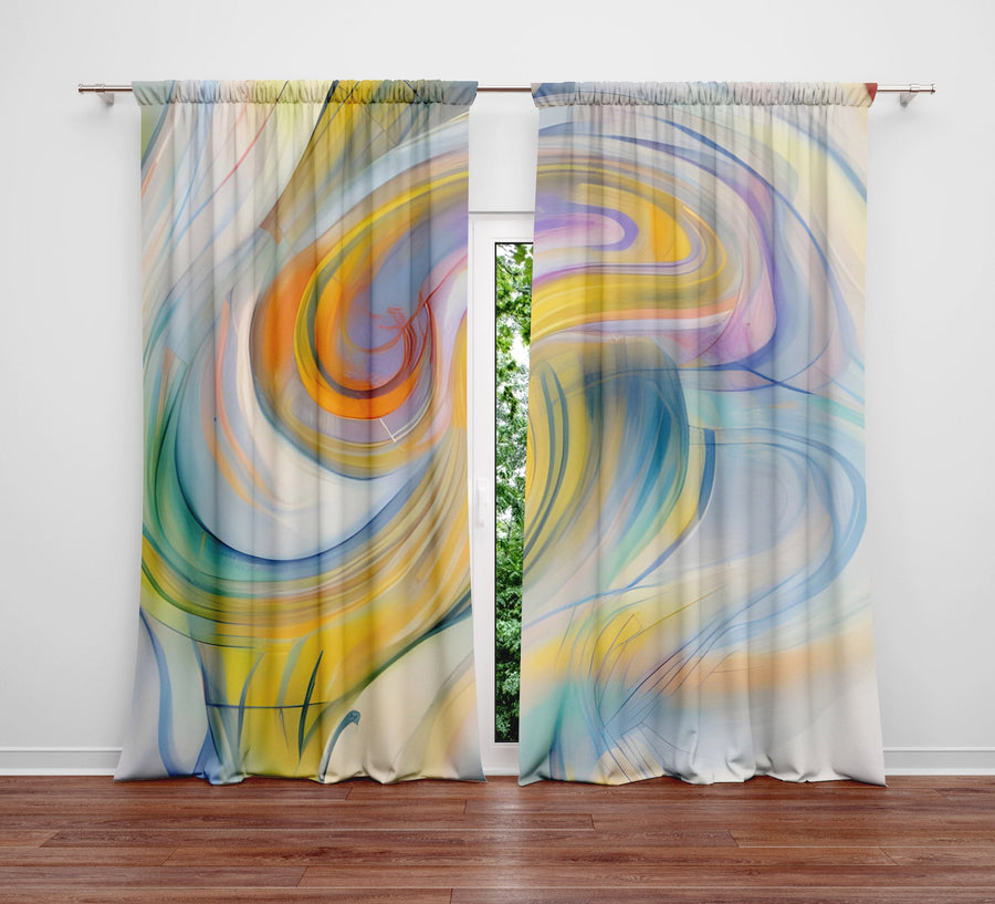 Abstract Window Curtain - Blue and Yellow Watercolor Swirls - Deja Blue Studios