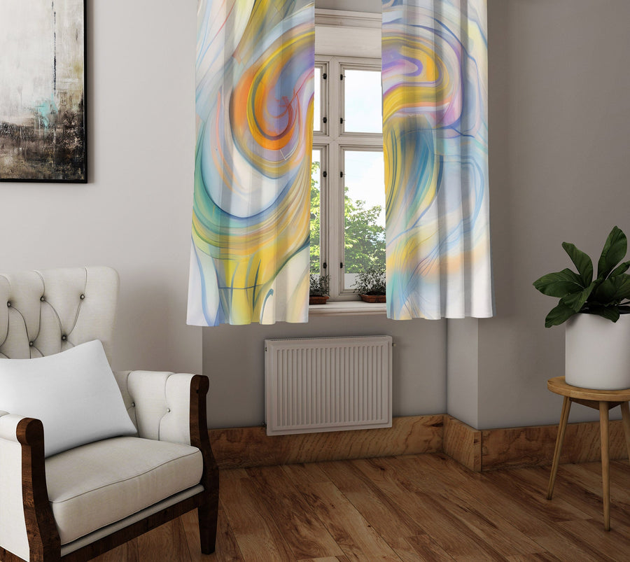 Abstract Window Curtain - Blue and Yellow Watercolor Swirls - Deja Blue Studios