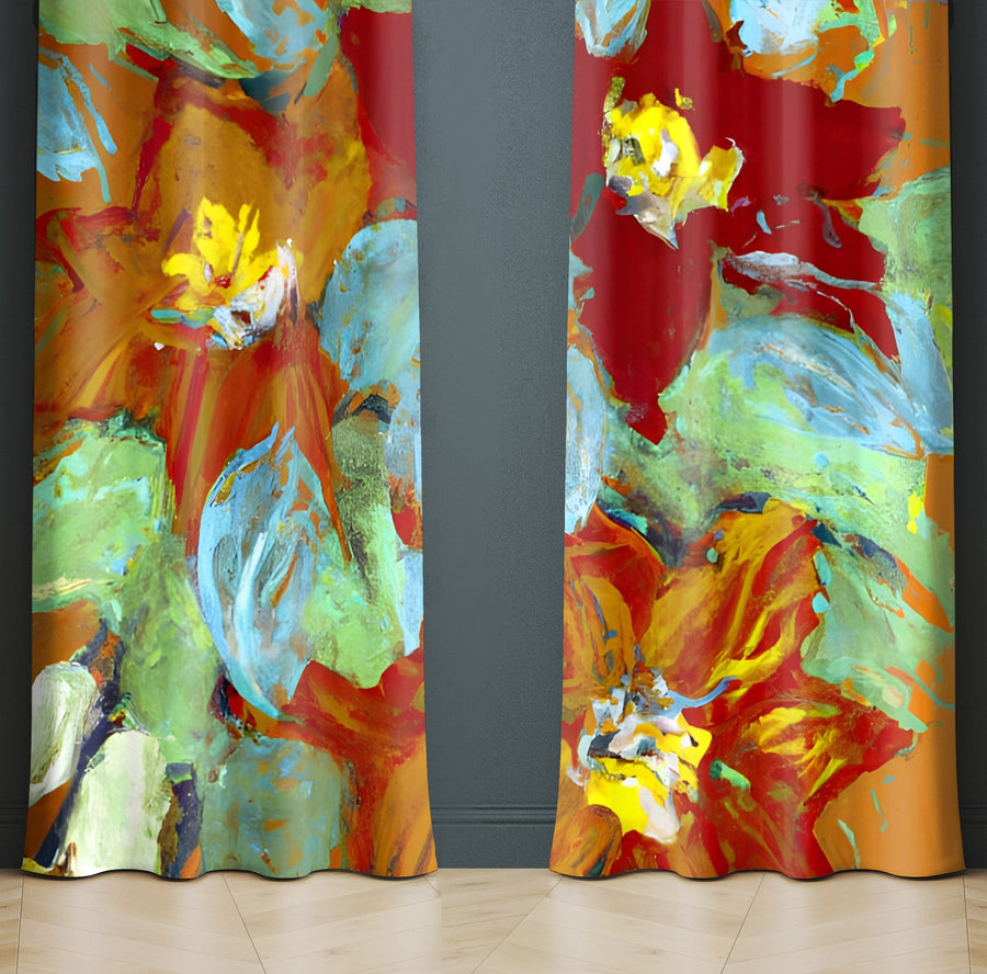 Floral Window Curtain - Red and Green Gauche Paint Poinsettas - Deja Blue Studios