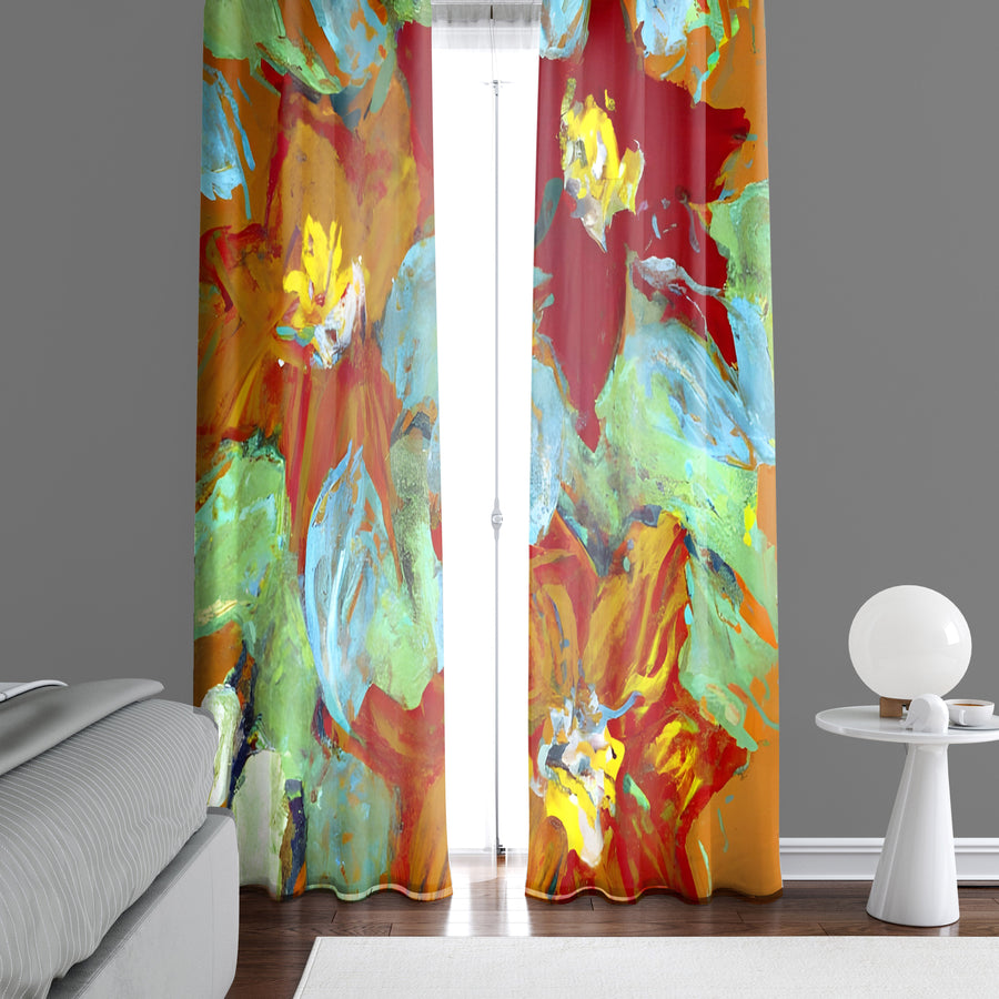 Floral Window Curtain - Red and Green Gauche Paint Poinsettas - Deja Blue Studios