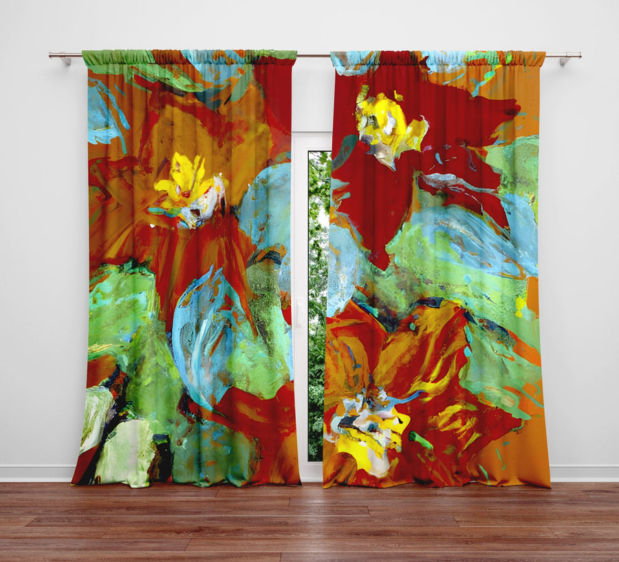 Floral Window Curtain - Red and Green Gauche Paint Poinsettas - Deja Blue Studios