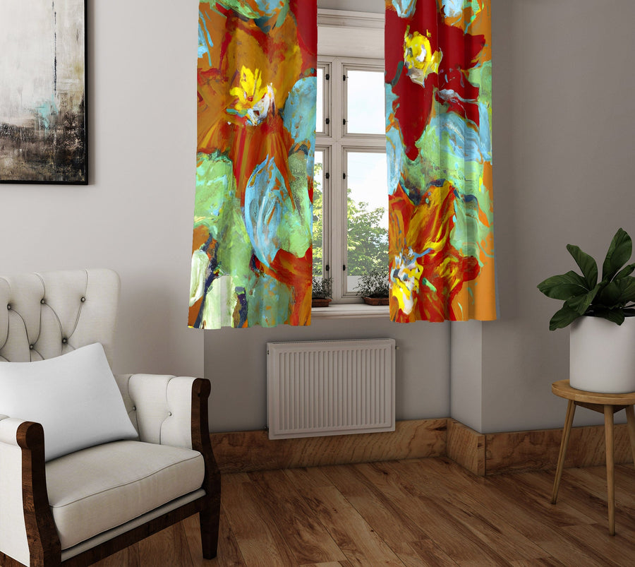 Floral Window Curtain - Red and Green Gauche Paint Poinsettas - Deja Blue Studios