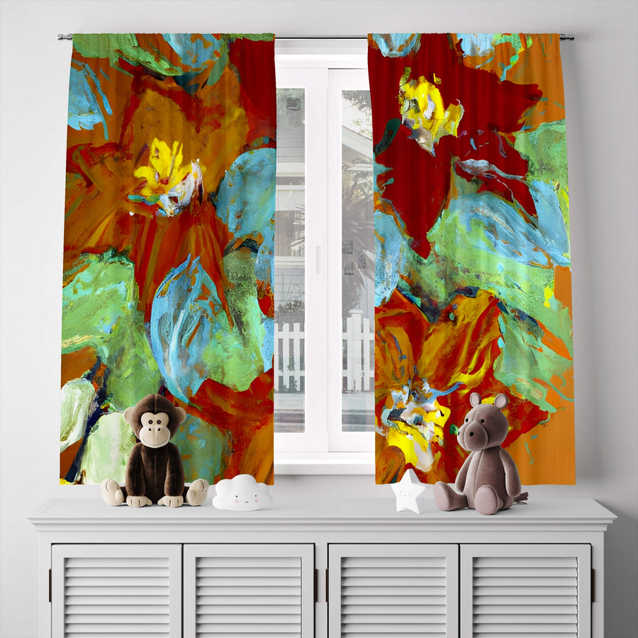Floral Window Curtain - Red and Green Gauche Paint Poinsettas - Deja Blue Studios