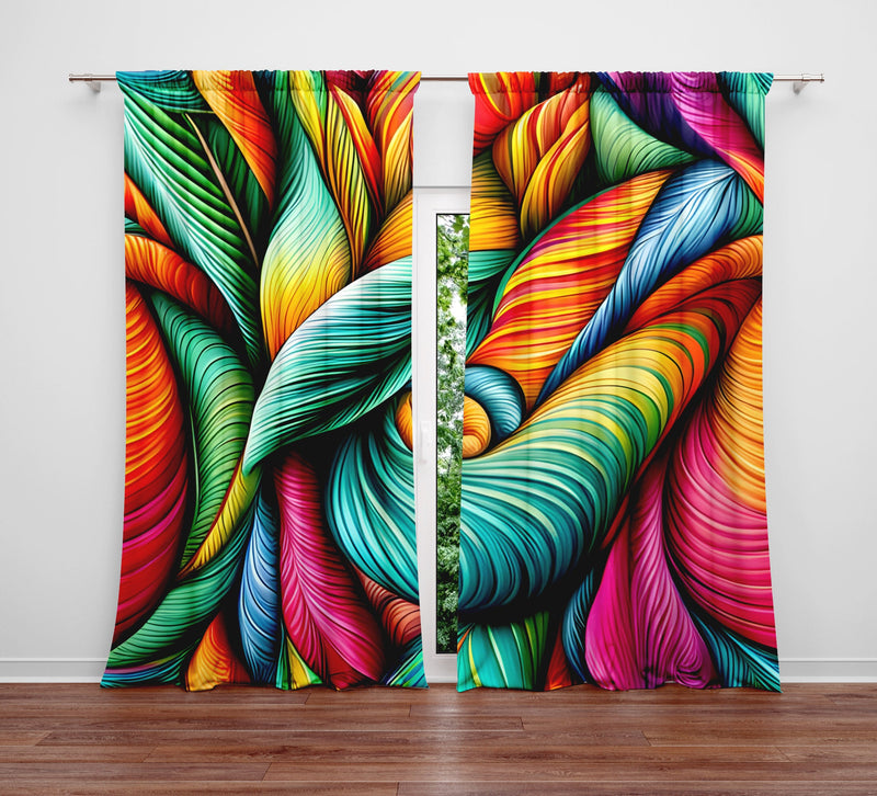 Abstract Window Curtain - Rainbow Swirly Sunrise Leaf Pattern - Deja Blue Studios