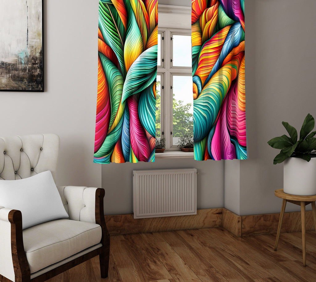 Abstract Window Curtain - Rainbow Swirly Sunrise Leaf Pattern - Deja Blue Studios