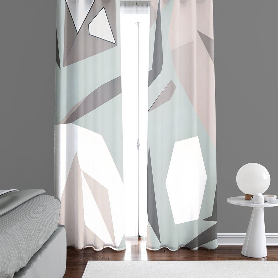 Geometric Window Curtain - Grayscale Minimalist Kaleidoscope Pattern - Deja Blue Studios