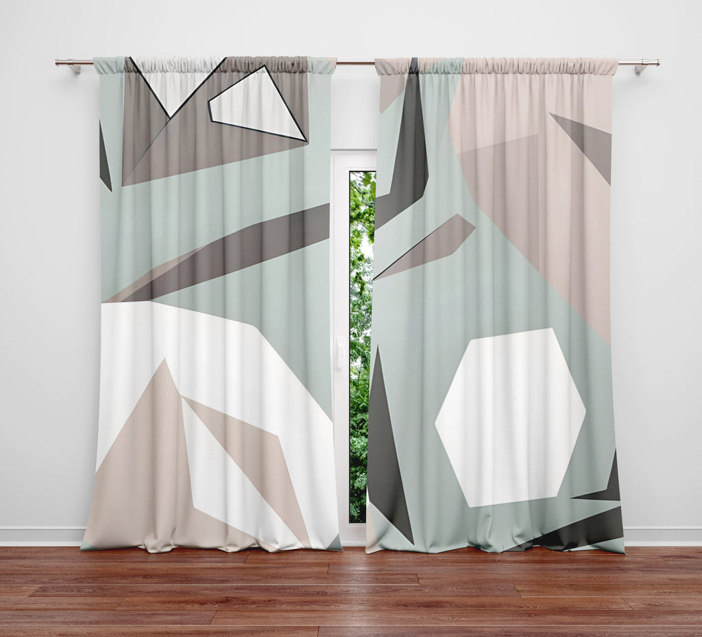 Geometric Window Curtain - Grayscale Minimalist Kaleidoscope Pattern - Deja Blue Studios