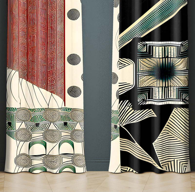 Abstract Window Curtain - Red and Blue Multi Pattern Spots and Stripes - Deja Blue Studios