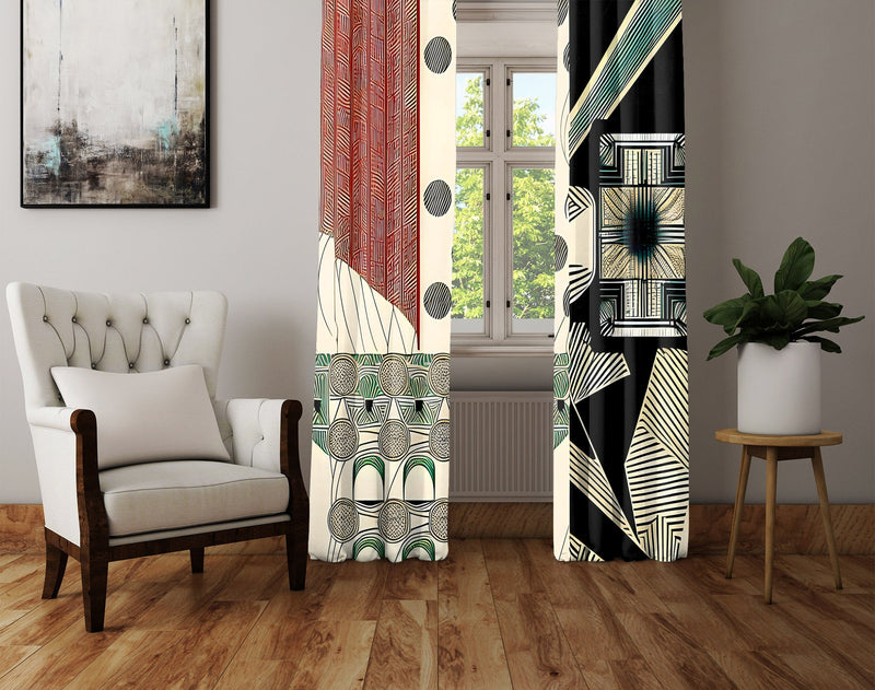 Abstract Window Curtain - Red and Blue Multi Pattern Spots and Stripes - Deja Blue Studios