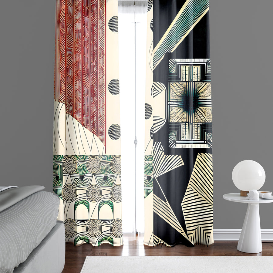 Abstract Window Curtain - Red and Blue Multi Pattern Spots and Stripes - Deja Blue Studios