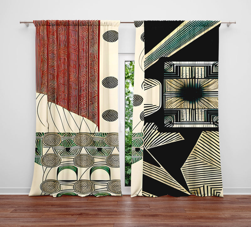 Abstract Window Curtain - Red and Blue Multi Pattern Spots and Stripes - Deja Blue Studios
