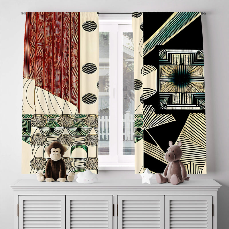 Abstract Window Curtain - Red and Blue Multi Pattern Spots and Stripes - Deja Blue Studios