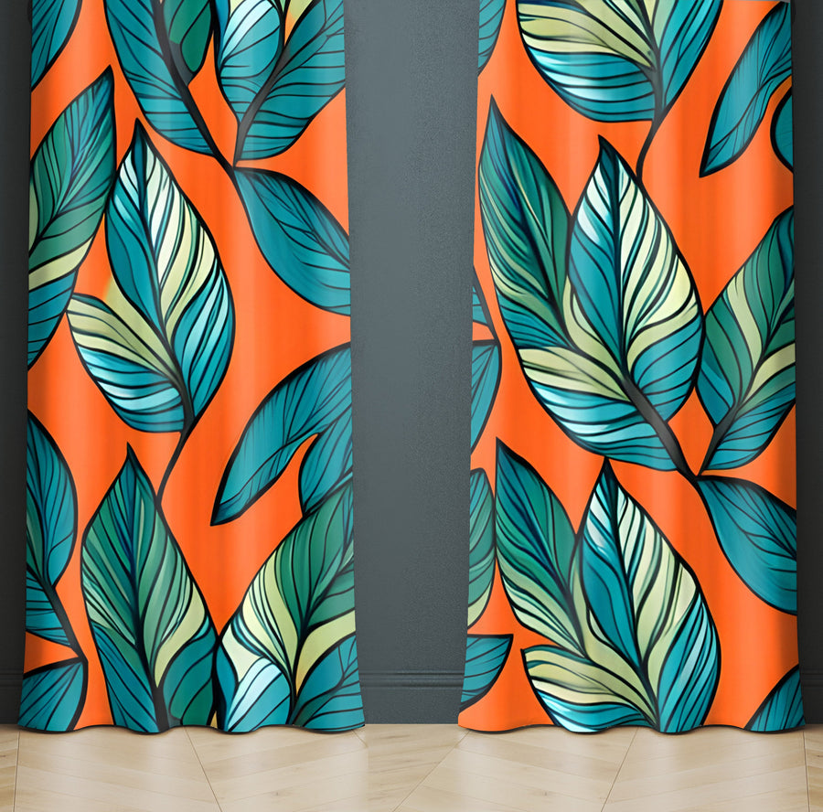 Floral Window Curtain - Orange and Green Palm Fern Pattern - Deja Blue Studios