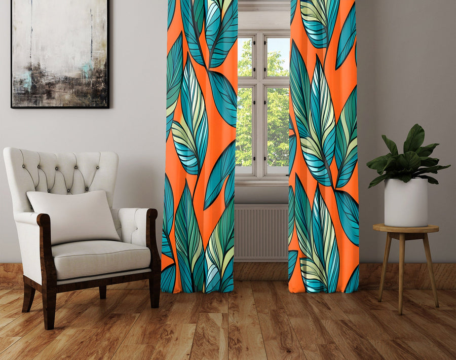 Floral Window Curtain - Orange and Green Palm Fern Pattern - Deja Blue Studios