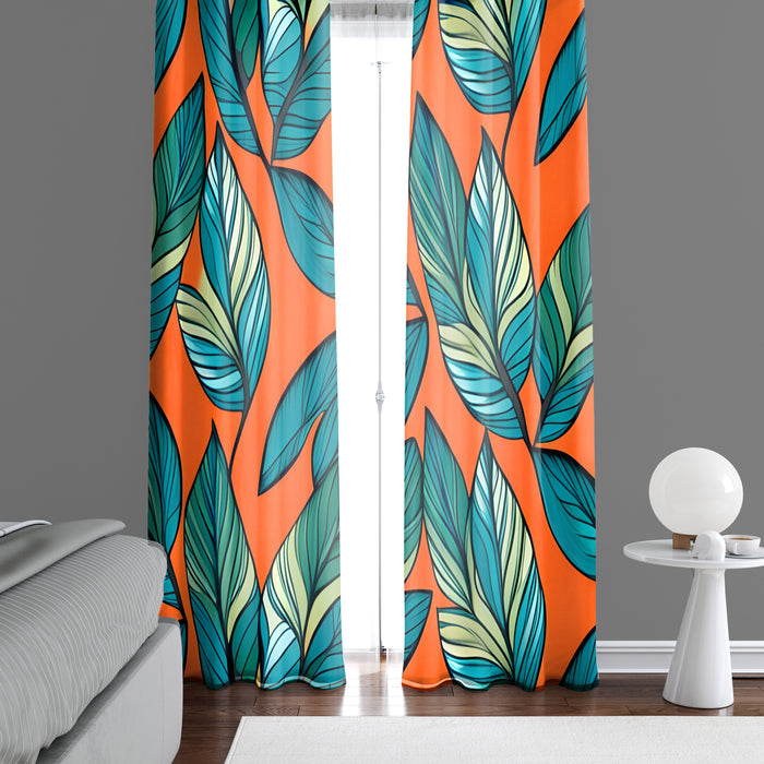 Floral Window Curtain - Orange and Green Palm Fern Pattern - Deja Blue Studios