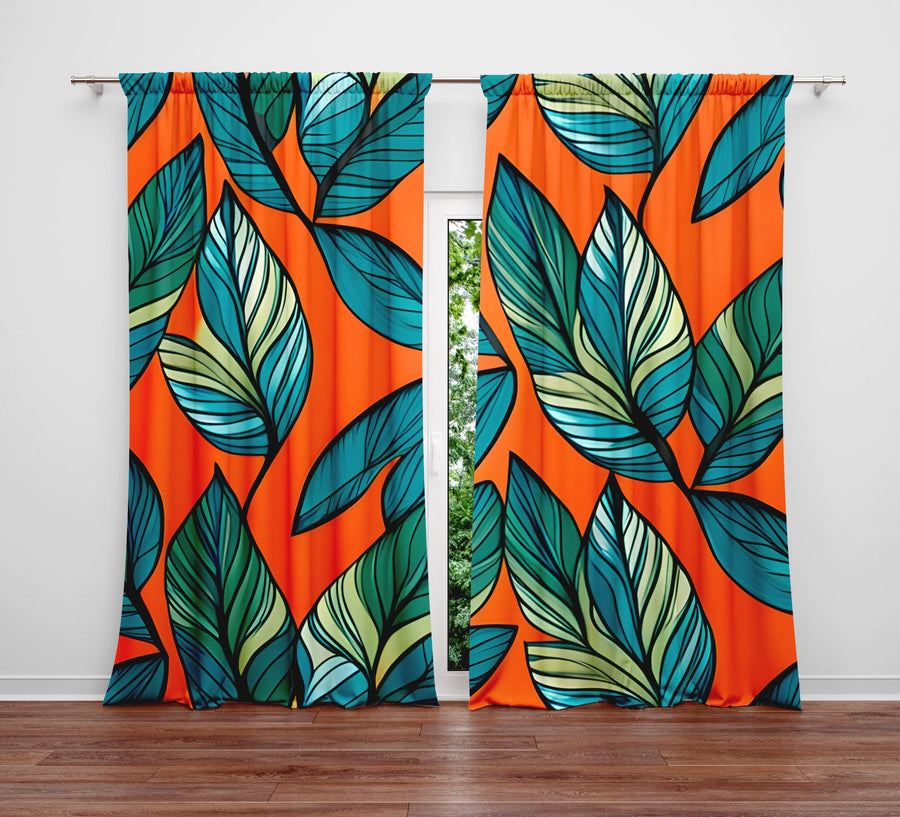 Floral Window Curtain - Orange and Green Palm Fern Pattern - Deja Blue Studios
