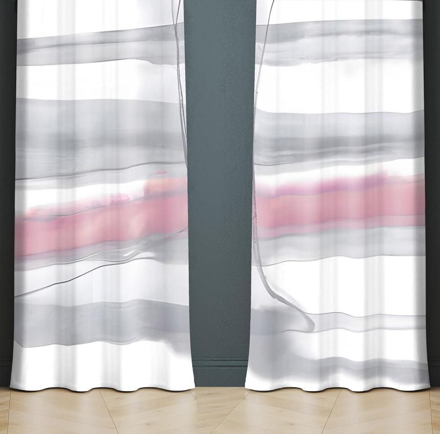 Striped Window Curtain - Gray and Pink Watercolor Horizontal Stripes - Deja Blue Studios