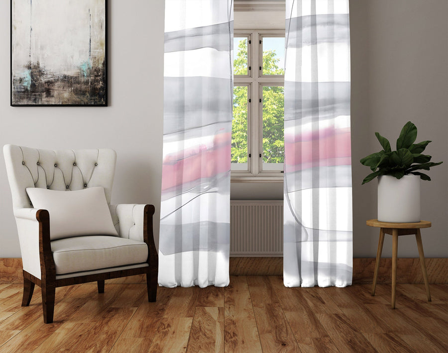 Striped Window Curtain - Gray and Pink Watercolor Horizontal Stripes - Deja Blue Studios
