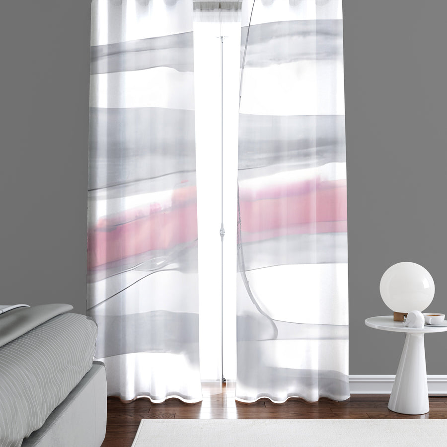 Striped Window Curtain - Gray and Pink Watercolor Horizontal Stripes - Deja Blue Studios