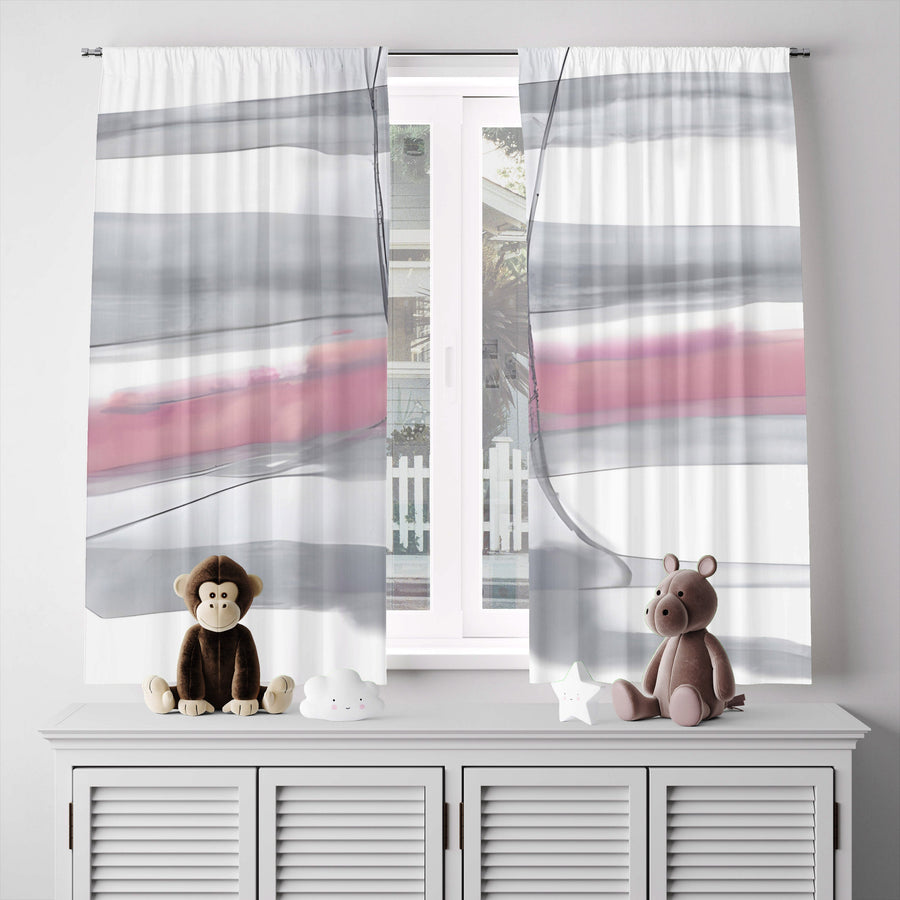 Striped Window Curtain - Gray and Pink Watercolor Horizontal Stripes - Deja Blue Studios