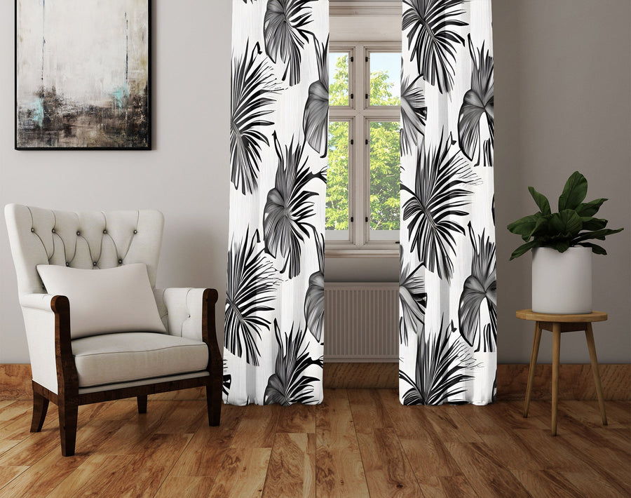 Floral Window Curtain - Abstract Black and White Monstera Leaves - Deja Blue Studios