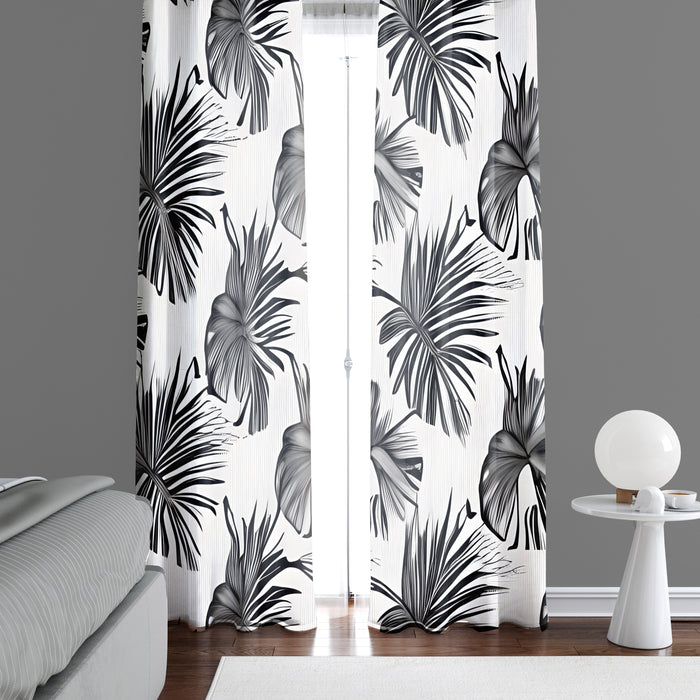 Floral Window Curtain - Abstract Black and White Monstera Leaves - Deja Blue Studios