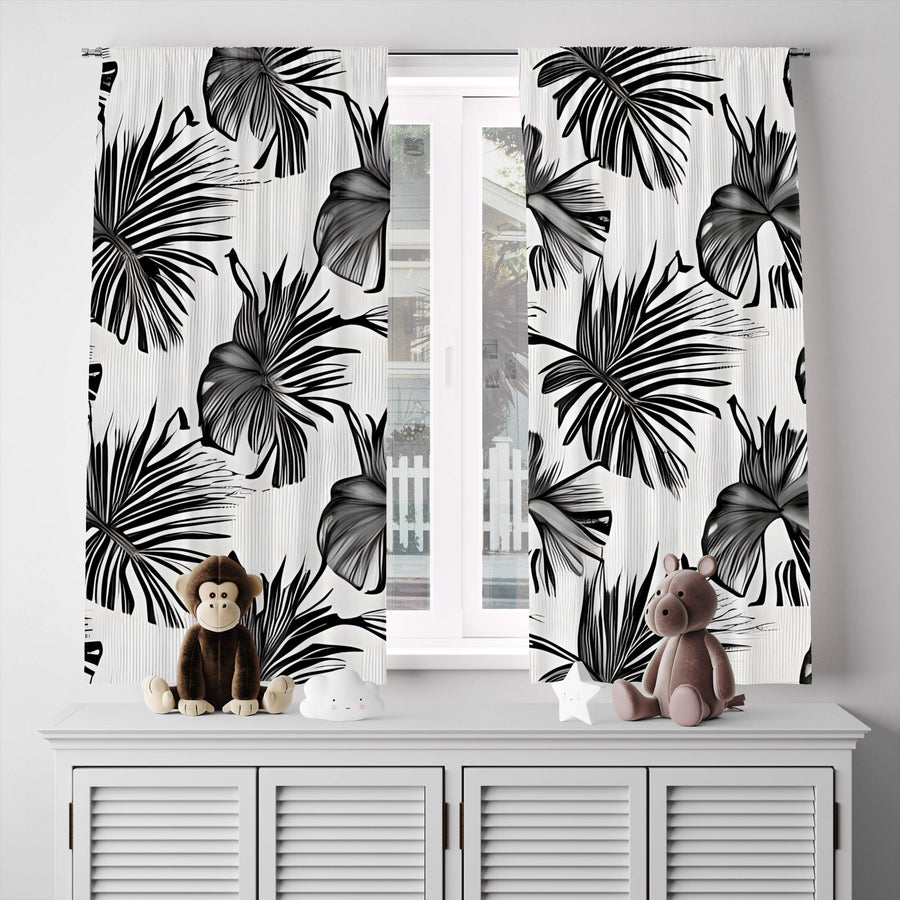 Floral Window Curtain - Abstract Black and White Monstera Leaves - Deja Blue Studios