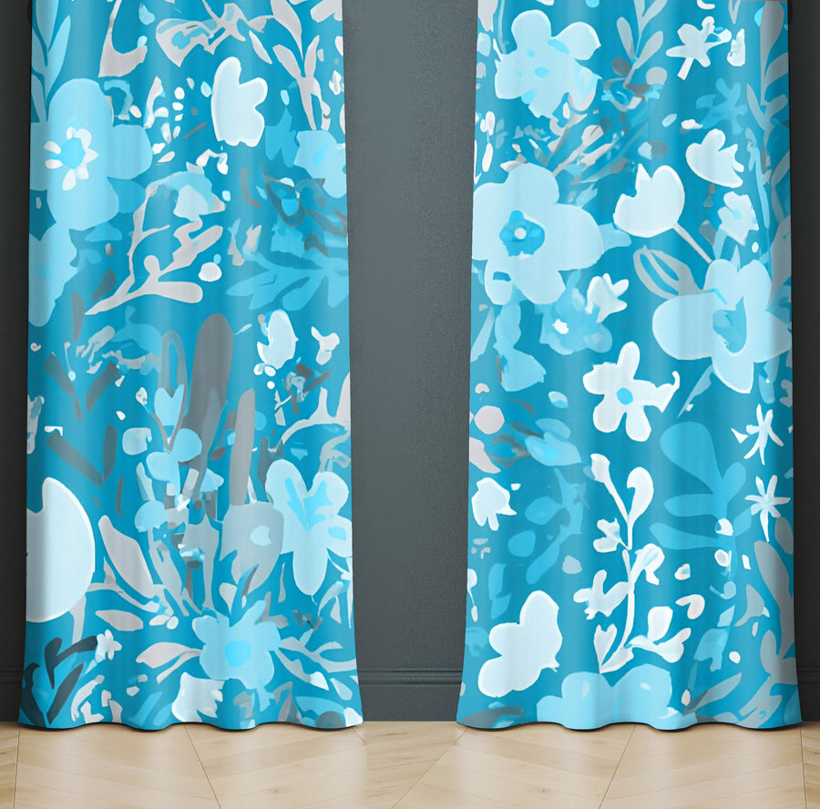 Floral Window Curtain - Winter Blue Icy Daisy Bouquet - Deja Blue Studios