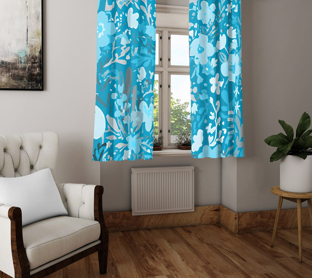 Floral Window Curtain - Winter Blue Icy Daisy Bouquet - Deja Blue Studios