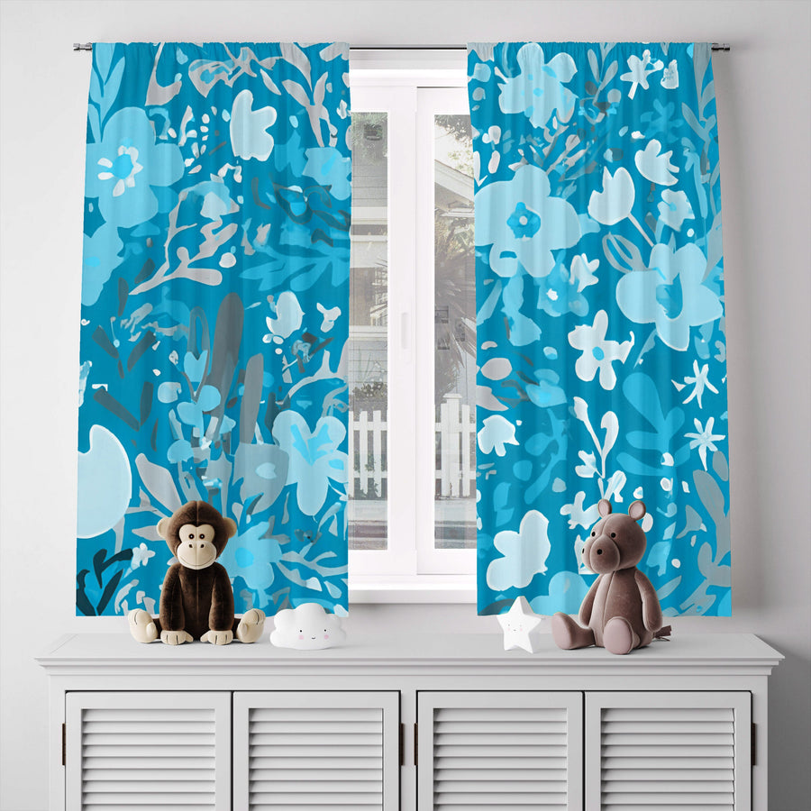 Floral Window Curtain - Winter Blue Icy Daisy Bouquet - Deja Blue Studios