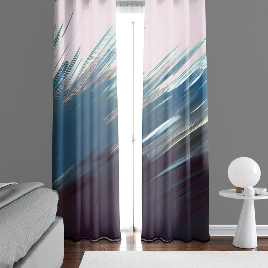 Abstract Window Curtain - Blue and Black Feathered Paint Swipes - Deja Blue Studios