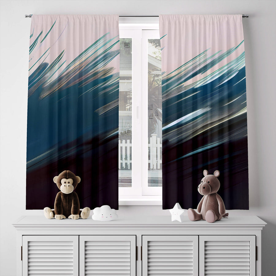 Abstract Window Curtain - Blue and Black Feathered Paint Swipes - Deja Blue Studios